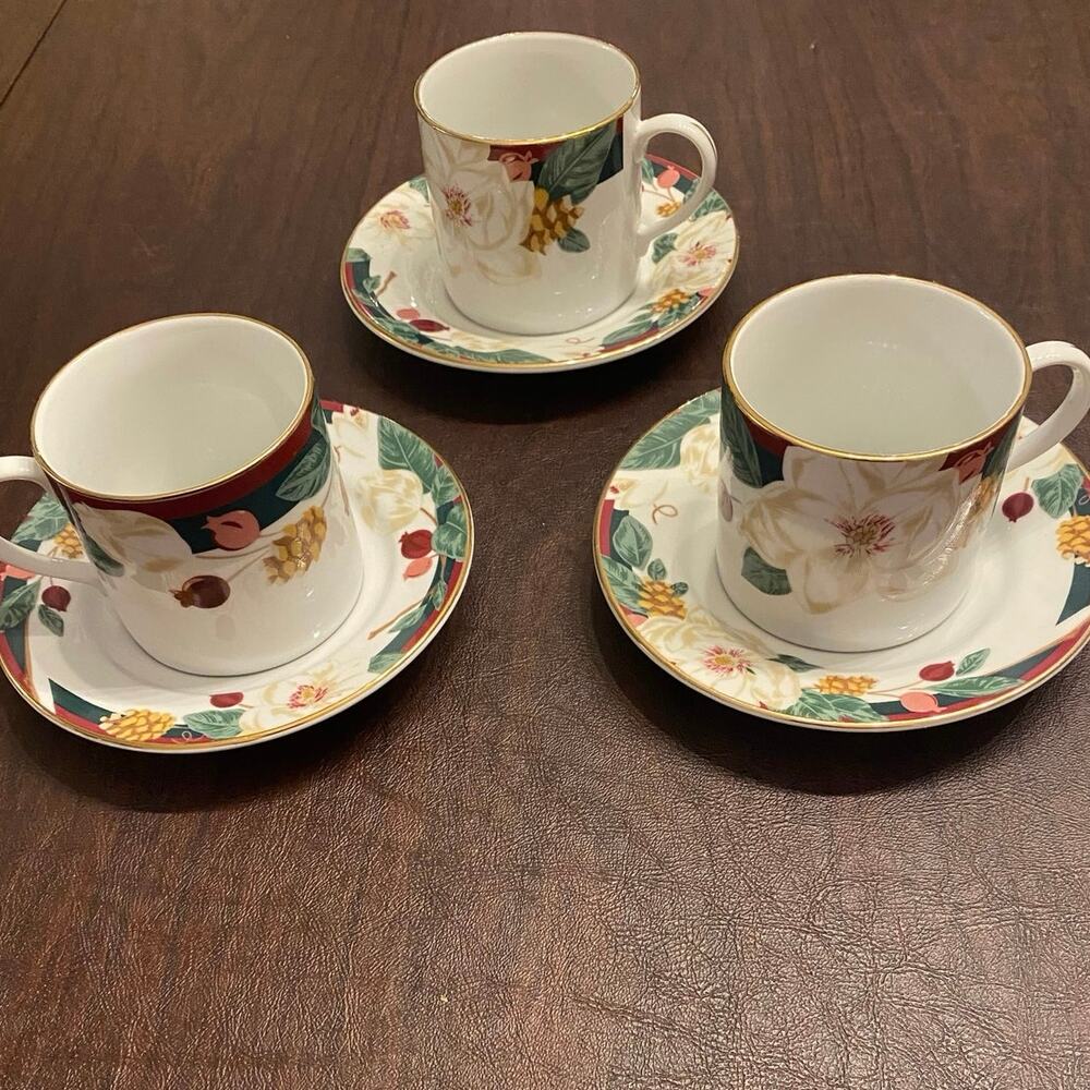 Tienshan Fine China Magnolia Floral Tea Cup‎ & Saucer Set of 3 Gold Trim Vintage